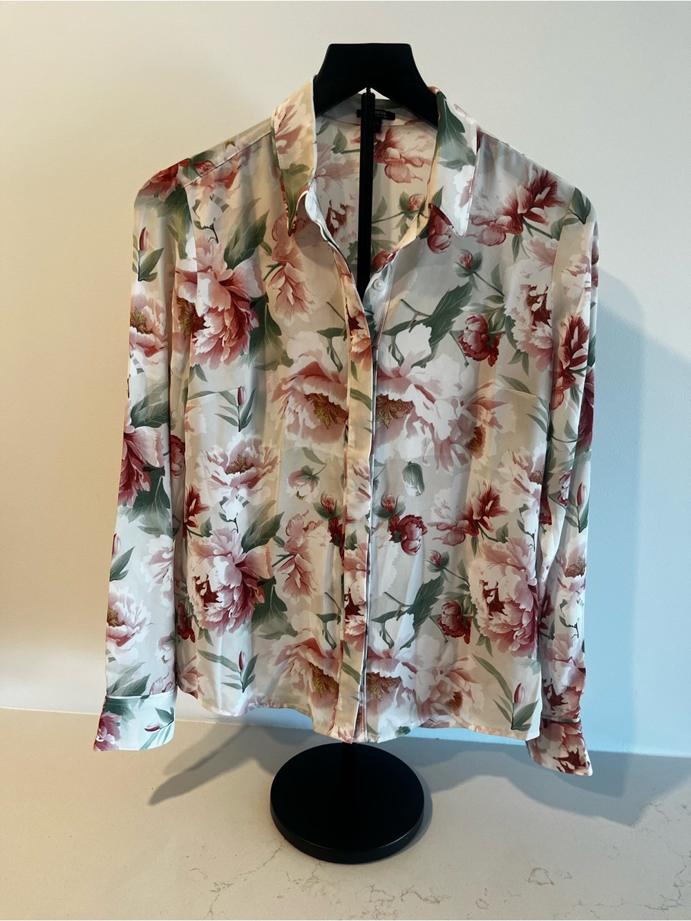 Express Sheer Floral Button-Up Blouse in Cream, Pink, Green